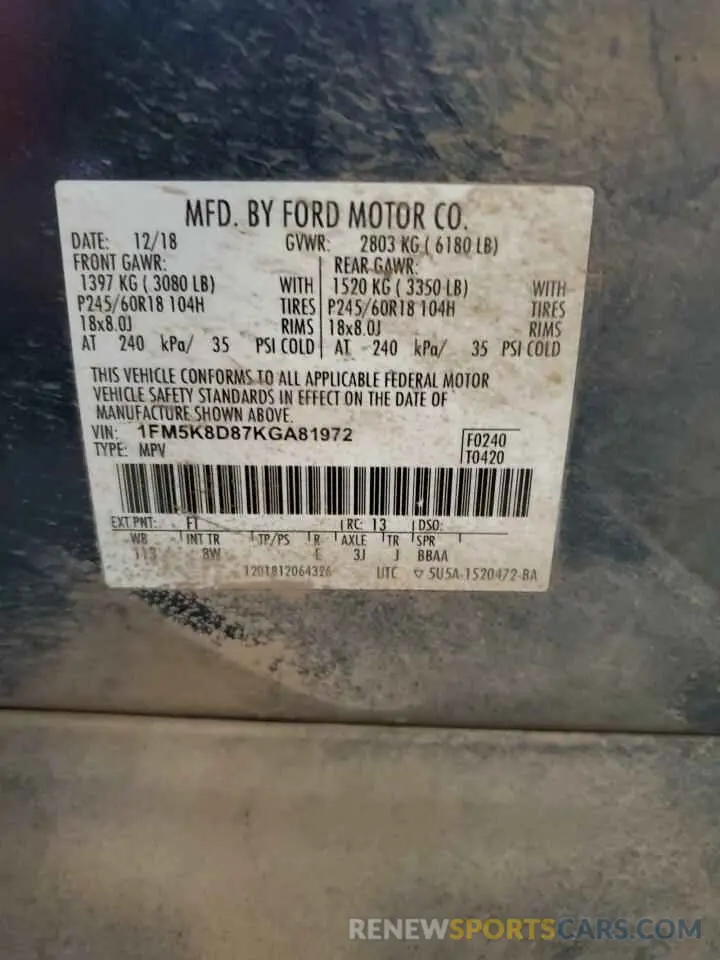 13 Photograph of a damaged car 1FM5K8D87KGA81972 FORD EXPLORER 2019