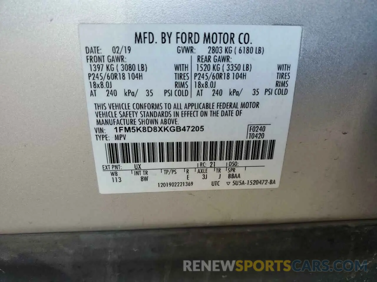 16 Photograph of a damaged car 1FM5K8D8XKGB47205 FORD EXPLORER 2019