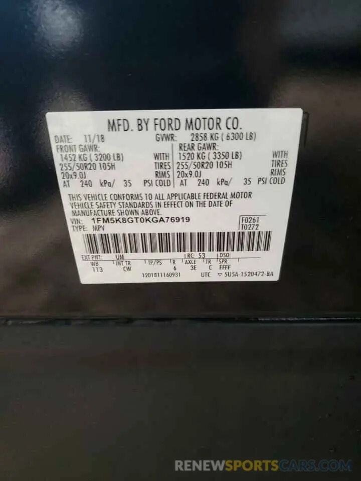13 Photograph of a damaged car 1FM5K8GT0KGA76919 FORD EXPLORER 2019