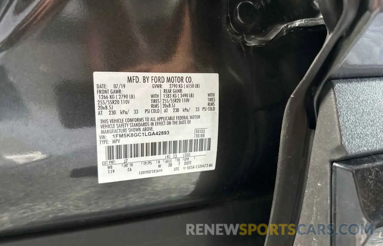 10 Photograph of a damaged car 1FM5K8GC1LGA42893 FORD EXPLORER 2020