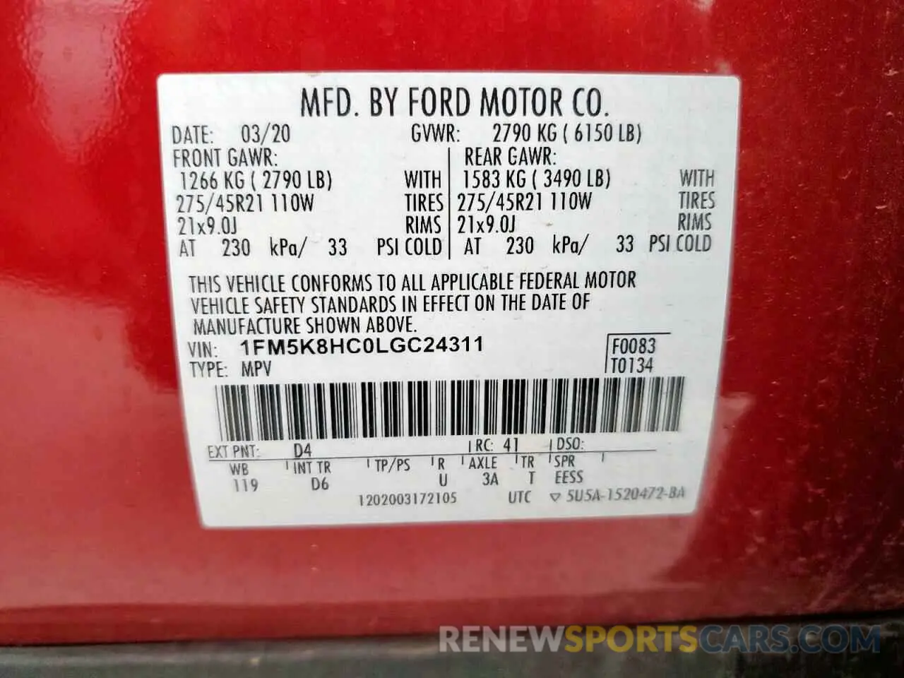 13 Photograph of a damaged car 1FM5K8HC0LGC24311 FORD EXPLORER 2020