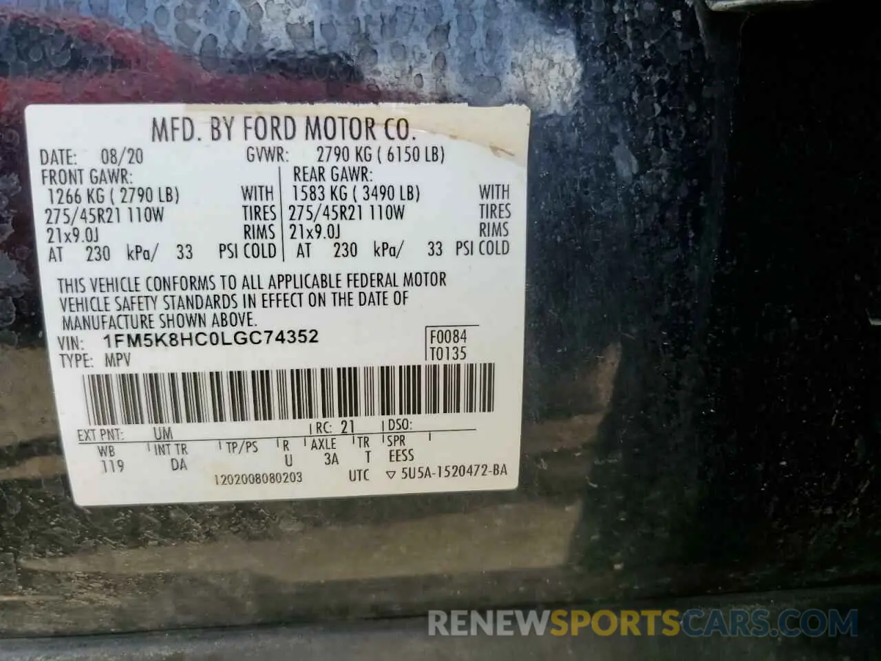 13 Photograph of a damaged car 1FM5K8HC0LGC74352 FORD EXPLORER 2020