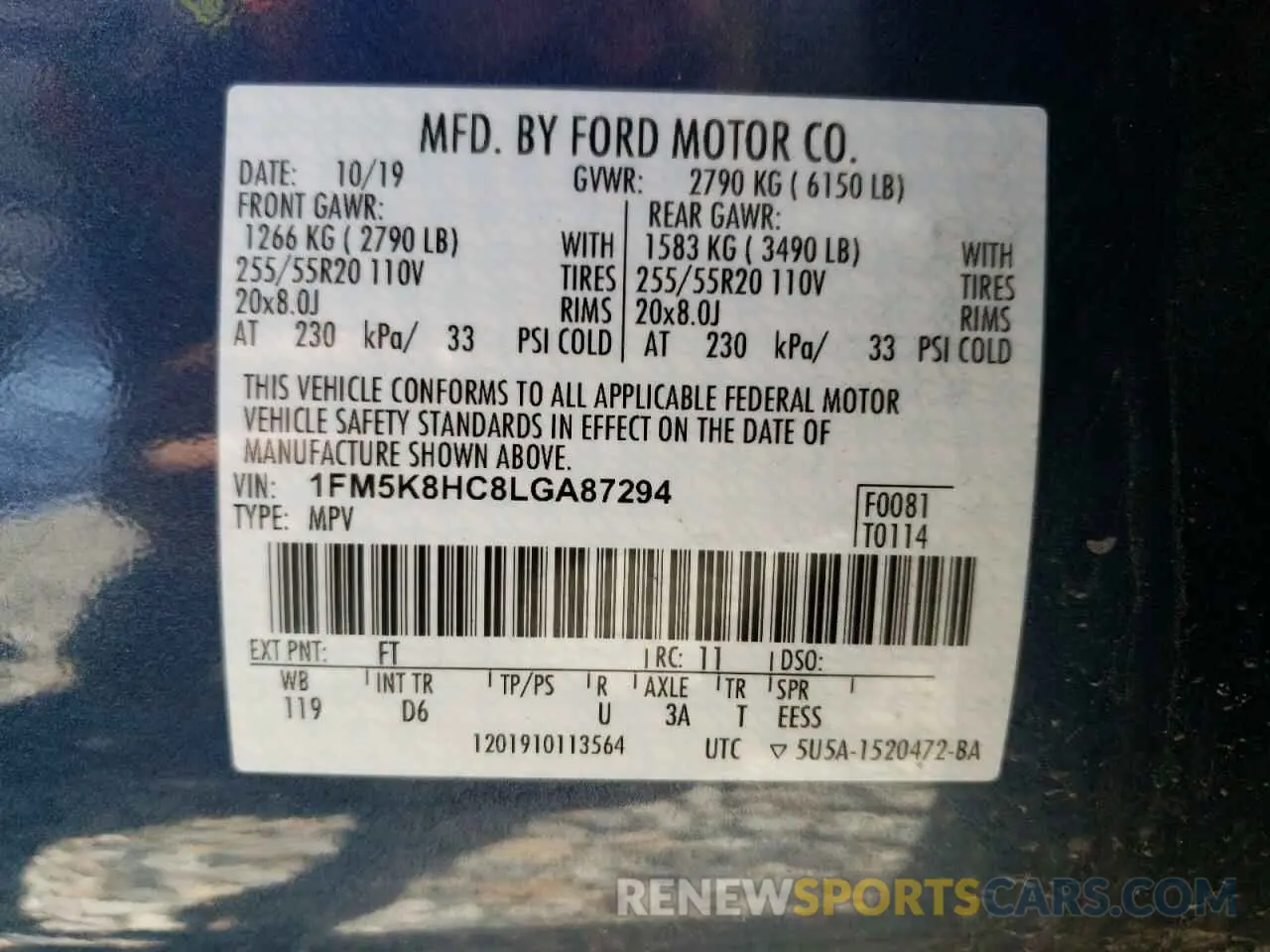 13 Photograph of a damaged car 1FM5K8HC8LGA87294 FORD EXPLORER 2020