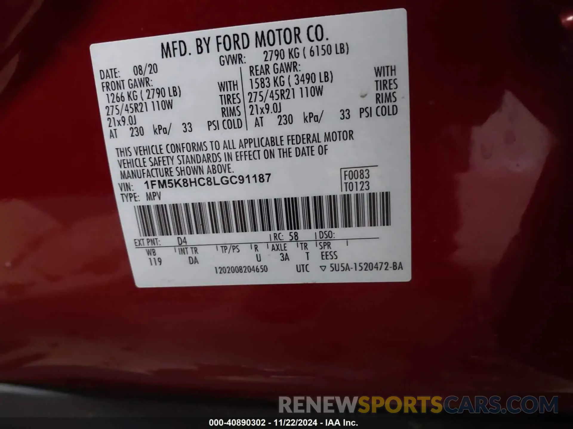 9 Photograph of a damaged car 1FM5K8HC8LGC91187 FORD EXPLORER 2020
