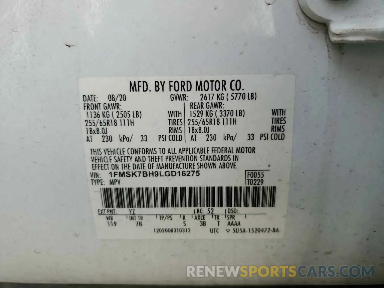 14 Photograph of a damaged car 1FMSK7BH9LGD16275 FORD EXPLORER 2020