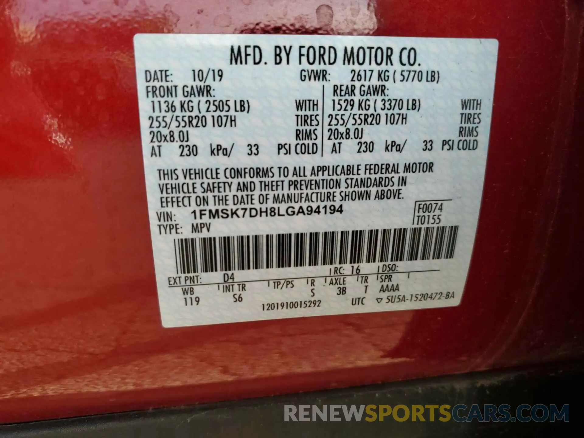 1 Photograph of a damaged car 1FMSK7DH8LGA94194 FORD EXPLORER 2020