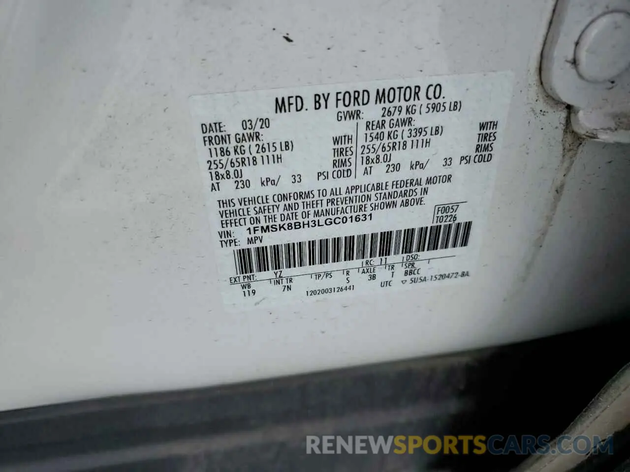 13 Photograph of a damaged car 1FMSK8BH3LGC01631 FORD EXPLORER 2020