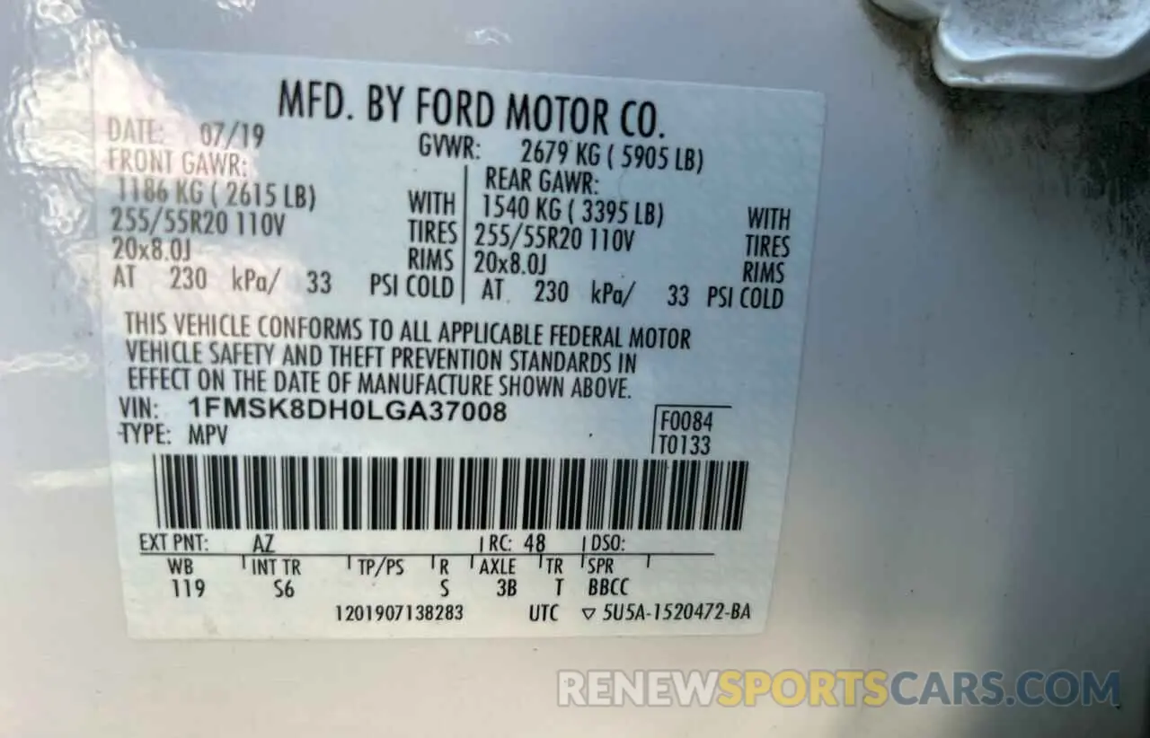 10 Photograph of a damaged car 1FMSK8DH0LGA37008 FORD EXPLORER 2020