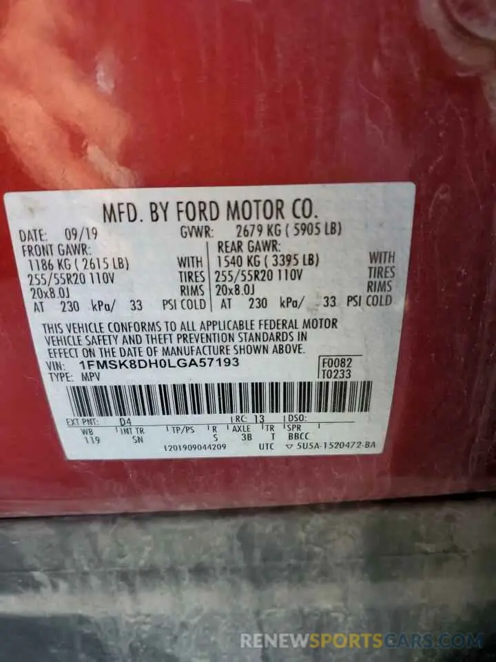 13 Photograph of a damaged car 1FMSK8DH0LGA57193 FORD EXPLORER 2020