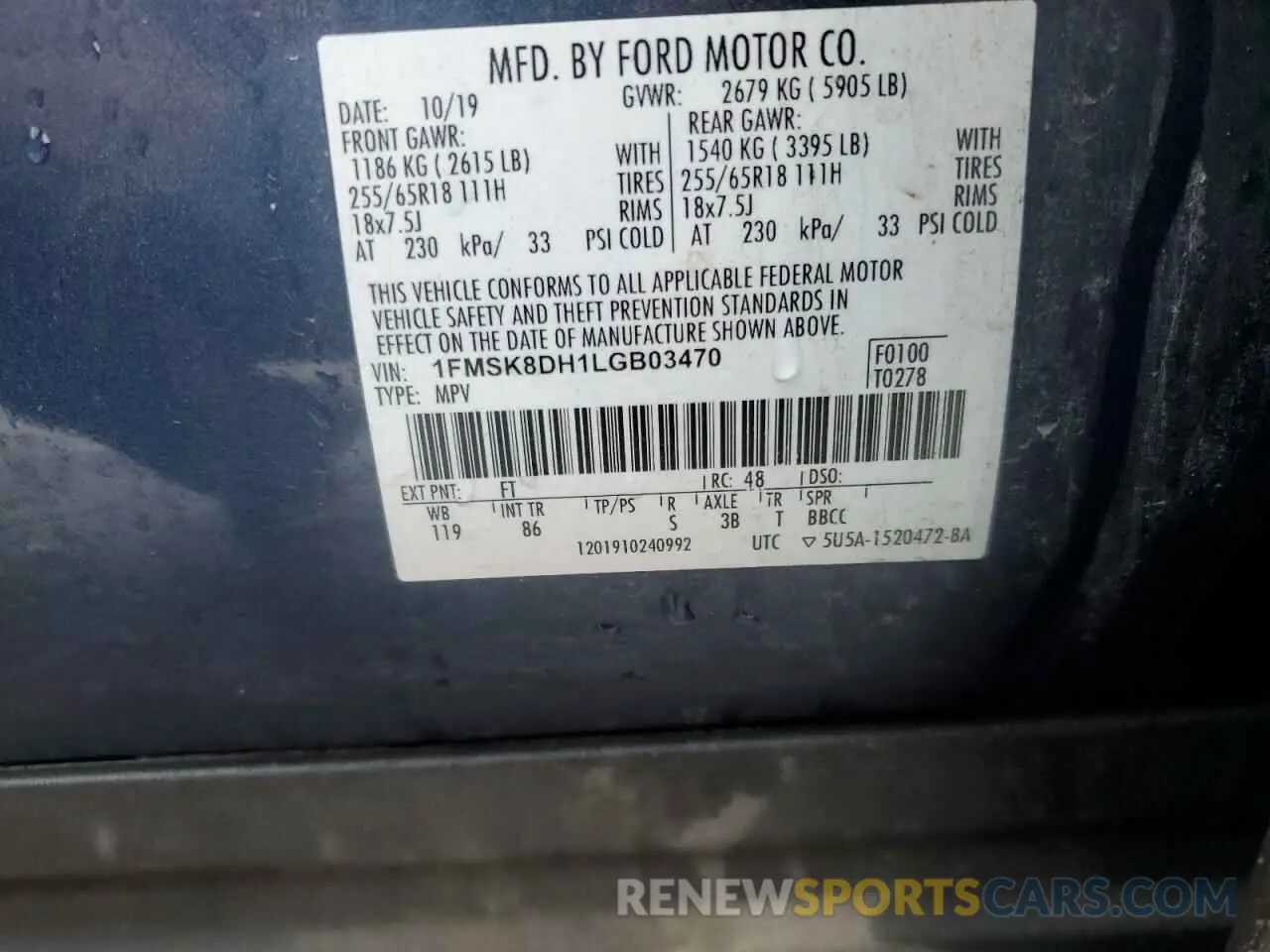 13 Photograph of a damaged car 1FMSK8DH1LGB03470 FORD EXPLORER 2020