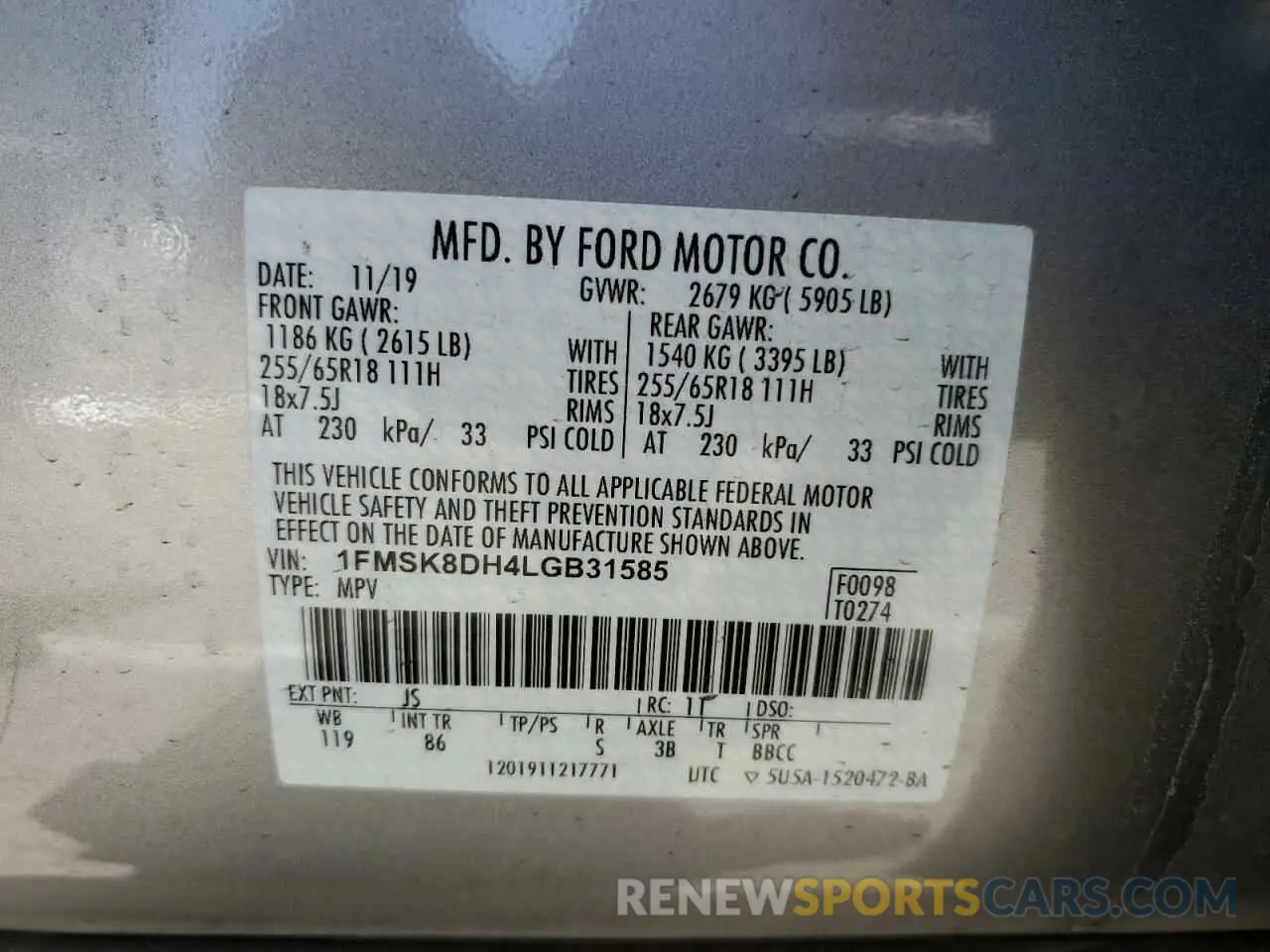 13 Photograph of a damaged car 1FMSK8DH4LGB31585 FORD EXPLORER 2020