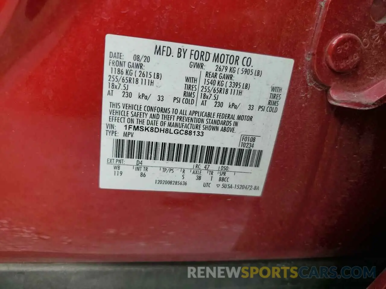 14 Photograph of a damaged car 1FMSK8DH8LGC88133 FORD EXPLORER 2020