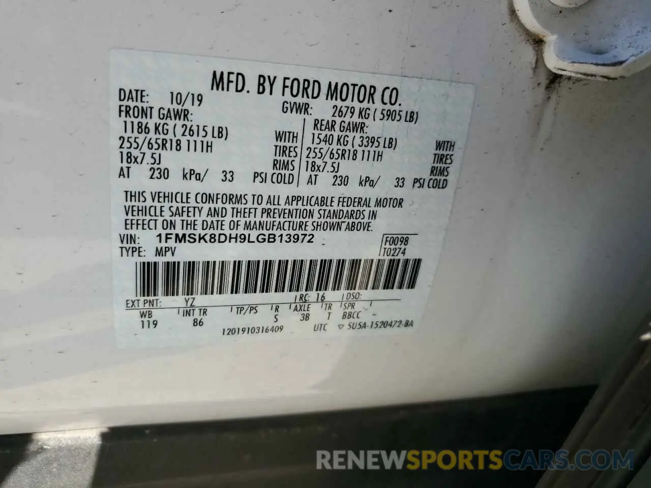 13 Photograph of a damaged car 1FMSK8DH9LGB13972 FORD EXPLORER 2020