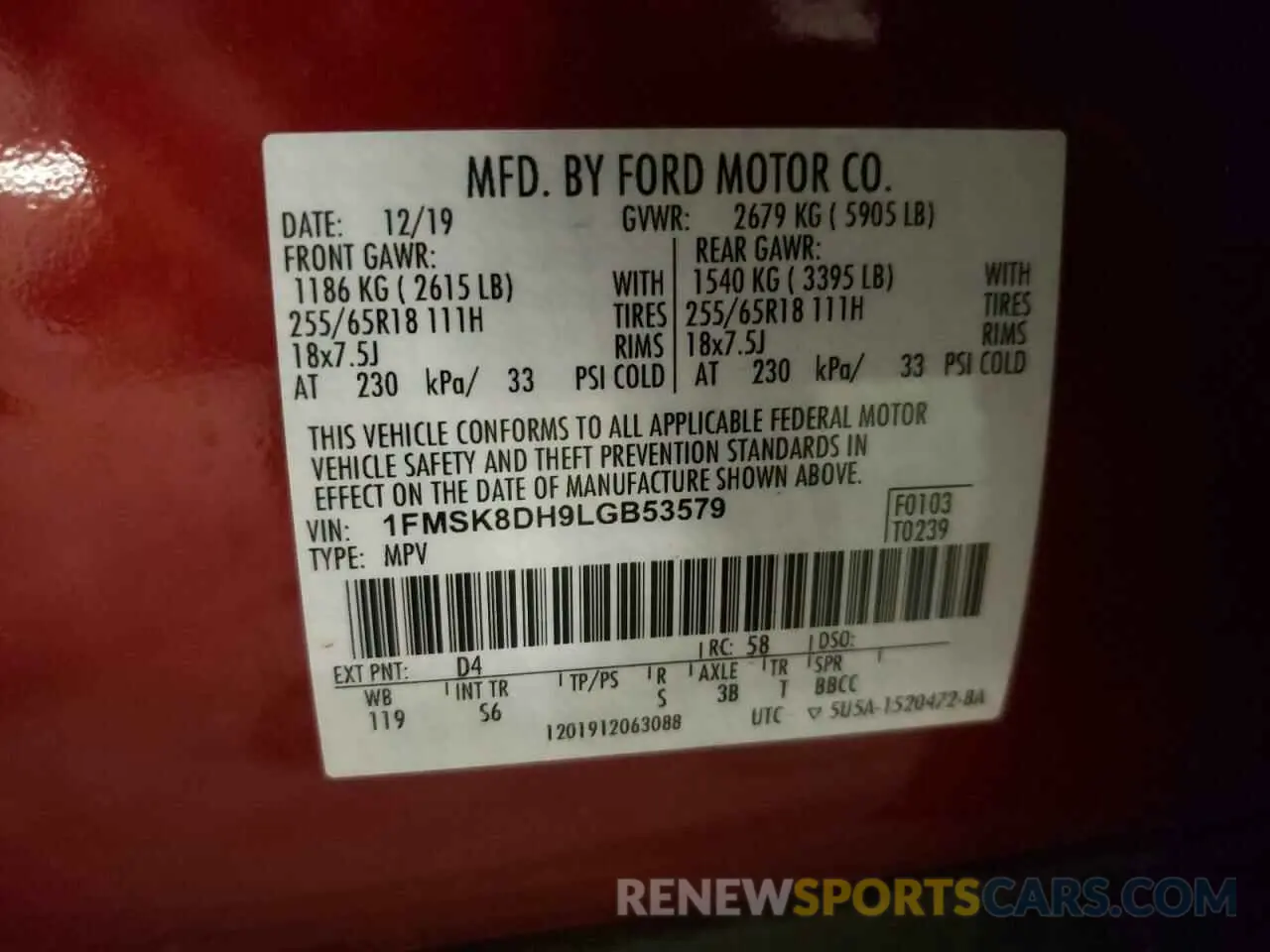 13 Photograph of a damaged car 1FMSK8DH9LGB53579 FORD EXPLORER 2020