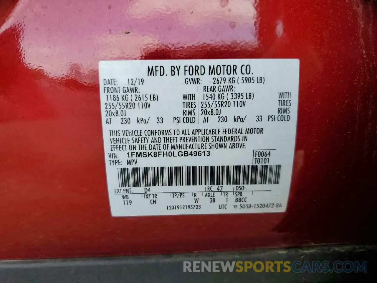 13 Photograph of a damaged car 1FMSK8FH0LGB49613 FORD EXPLORER 2020