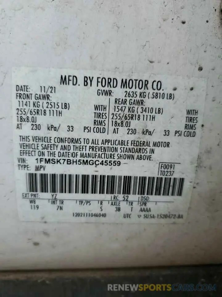 13 Photograph of a damaged car 1FMSK7BH5MGC45559 FORD EXPLORER 2021