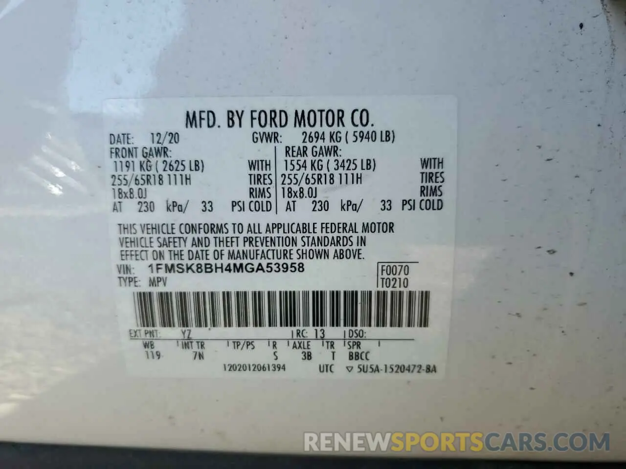 13 Photograph of a damaged car 1FMSK8BH4MGA53958 FORD EXPLORER 2021