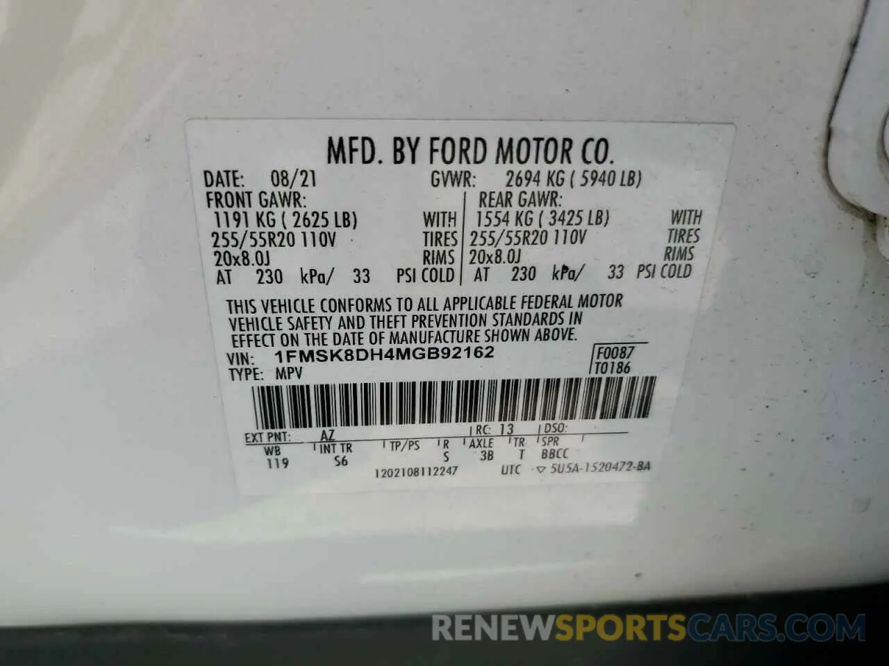 14 Photograph of a damaged car 1FMSK8DH4MGB92162 FORD EXPLORER 2021