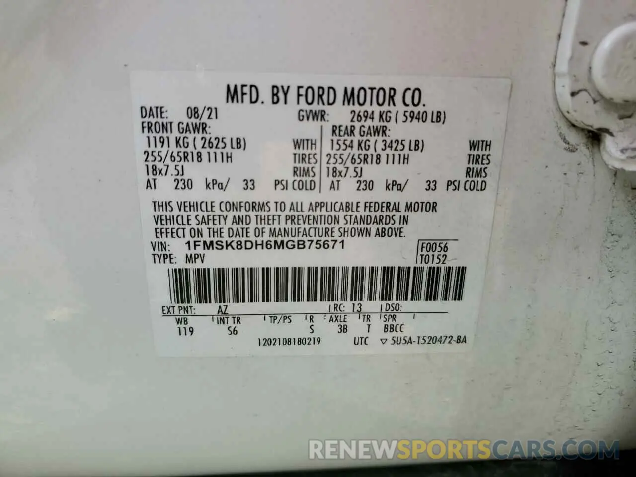 13 Photograph of a damaged car 1FMSK8DH6MGB75671 FORD EXPLORER 2021