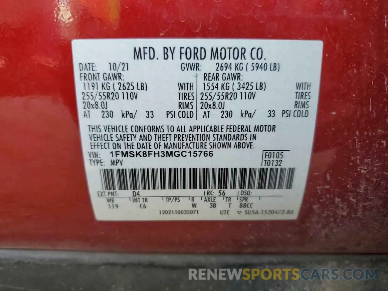 15 Photograph of a damaged car 1FMSK8FH3MGC15766 FORD EXPLORER 2021