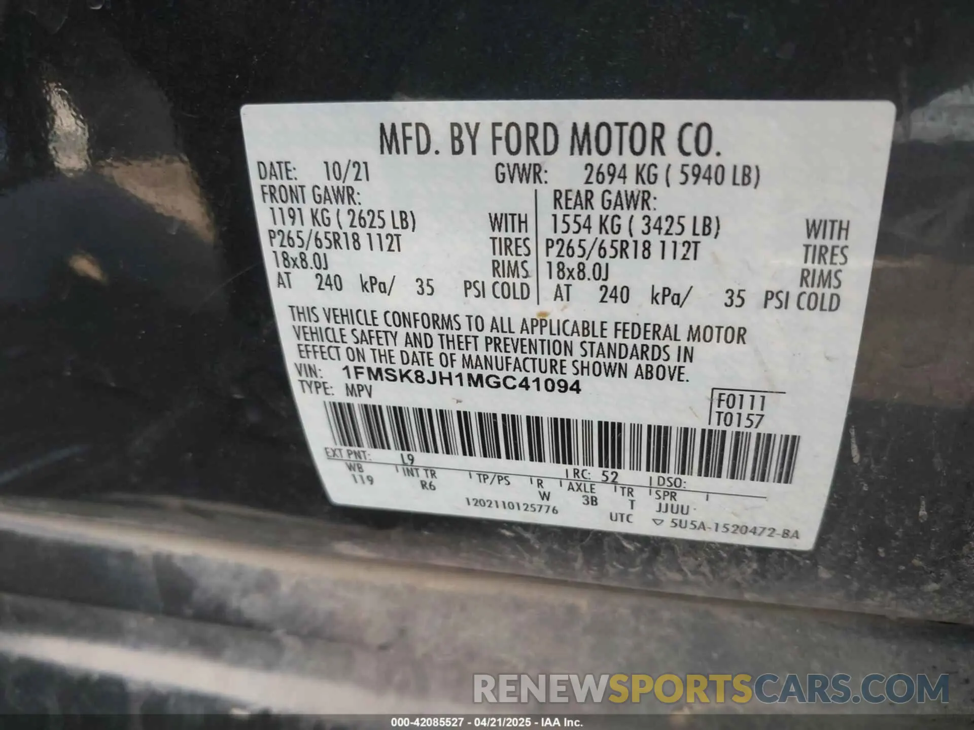9 Photograph of a damaged car 1FMSK8JH1MGC41094 FORD EXPLORER 2021