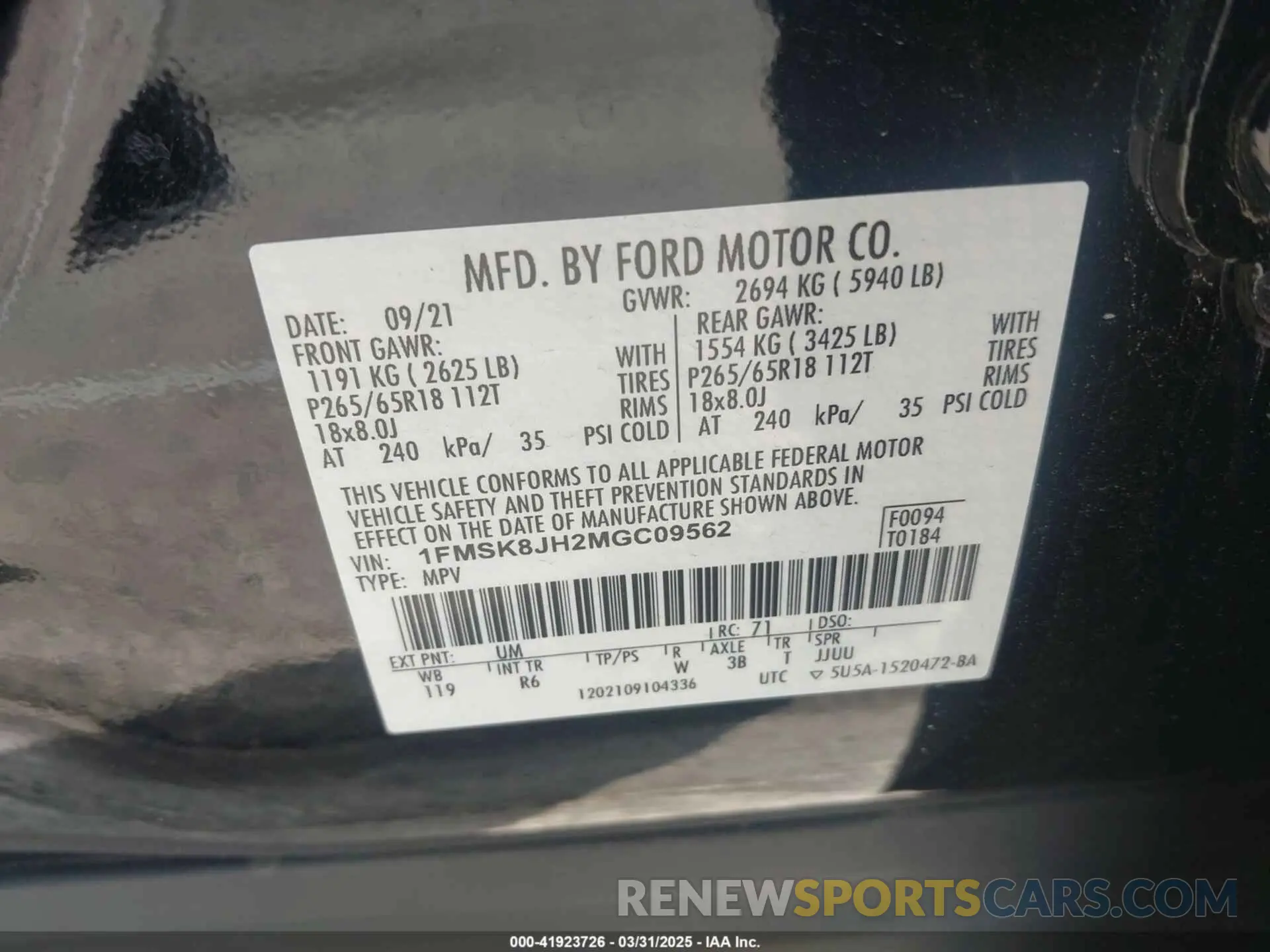 9 Photograph of a damaged car 1FMSK8JH2MGC09562 FORD EXPLORER 2021