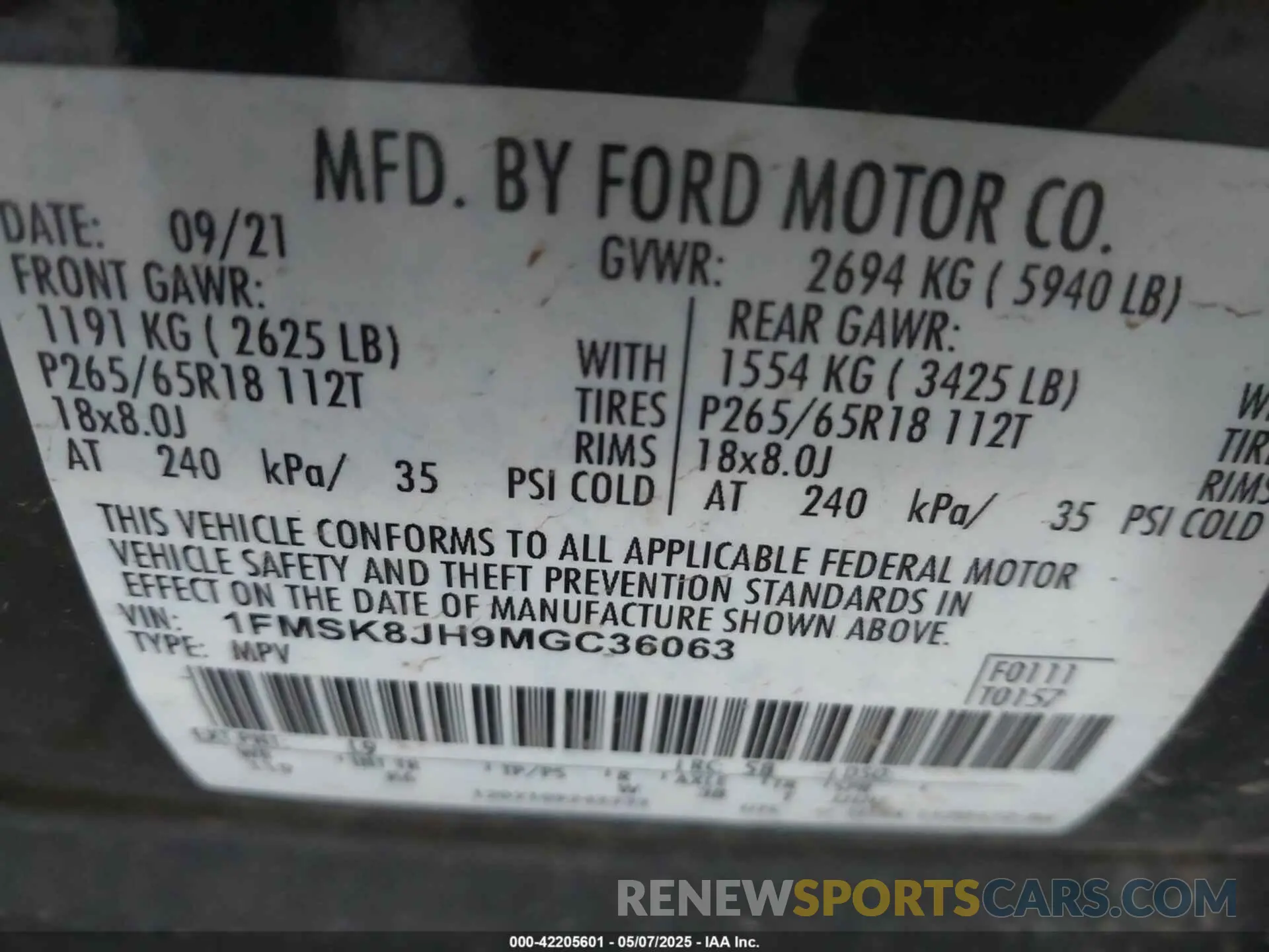 9 Photograph of a damaged car 1FMSK8JH9MGC36063 FORD EXPLORER 2021