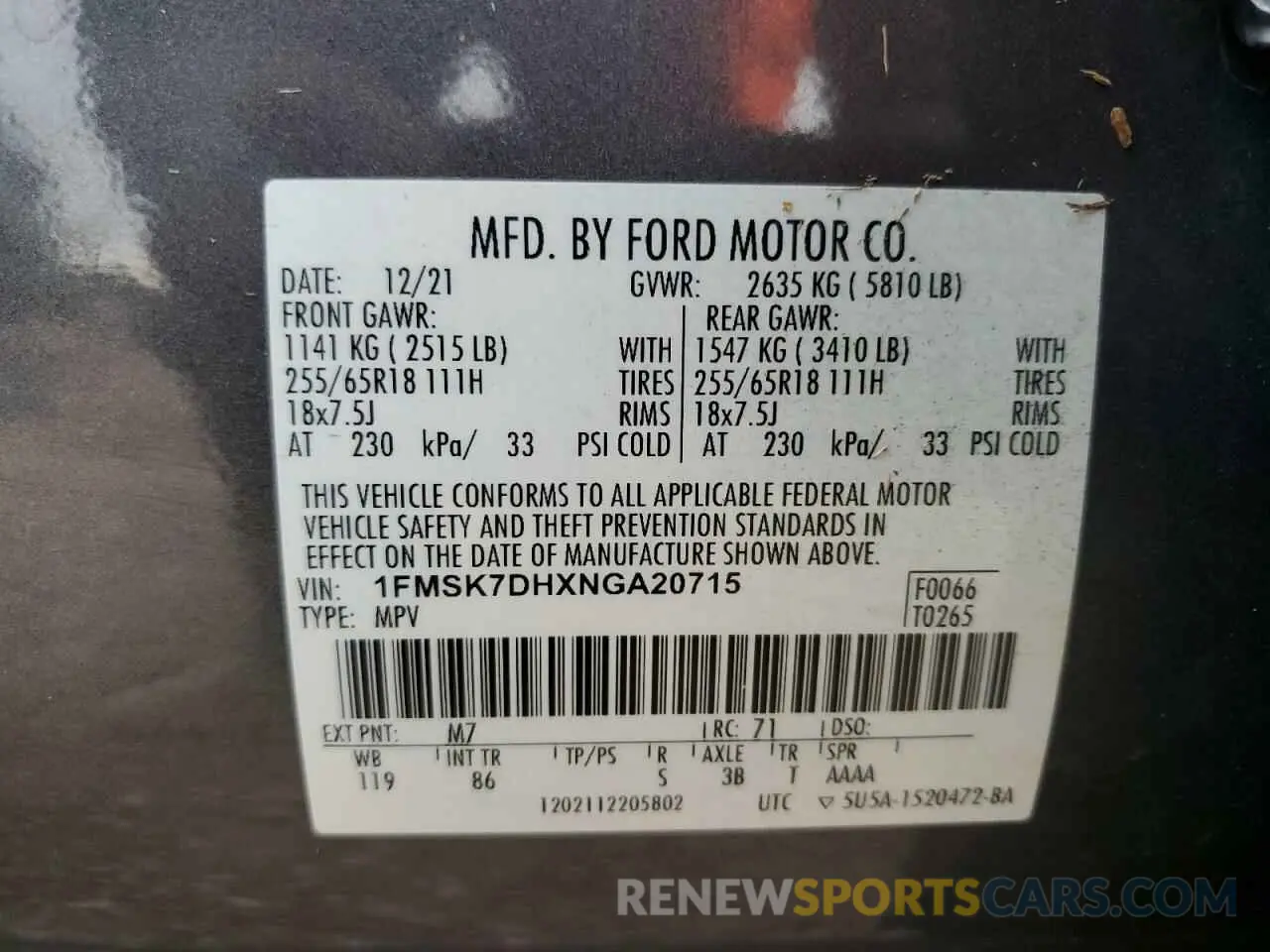 14 Photograph of a damaged car 1FMSK7DHXNGA20715 FORD EXPLORER 2022