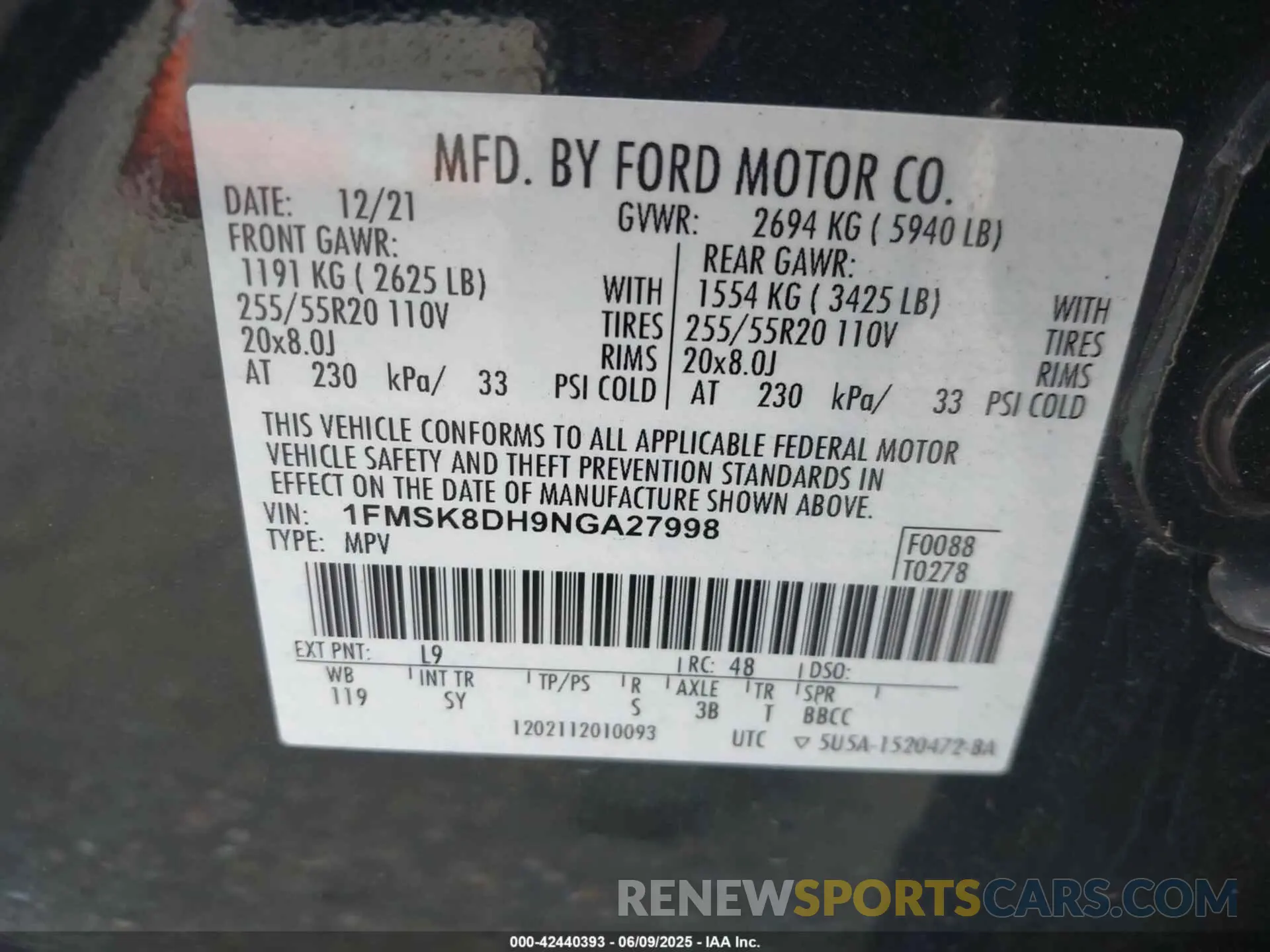 9 Photograph of a damaged car 1FMSK8DH9NGA27998 FORD EXPLORER 2022