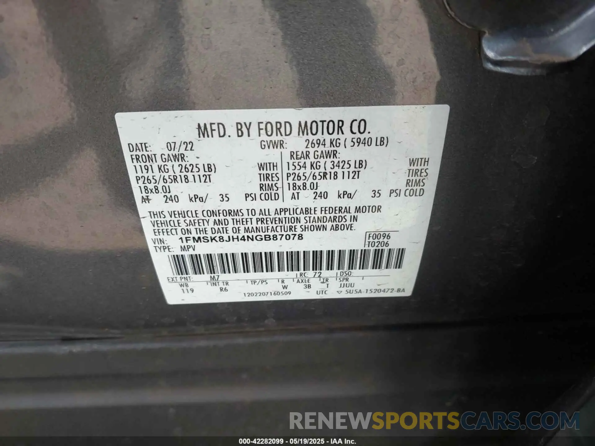 9 Photograph of a damaged car 1FMSK8JH4NGB87078 FORD EXPLORER 2022