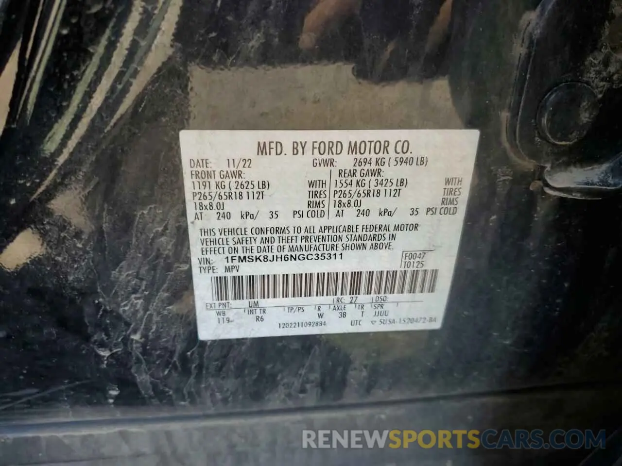 13 Photograph of a damaged car 1FMSK8JH6NGC35311 FORD EXPLORER 2022