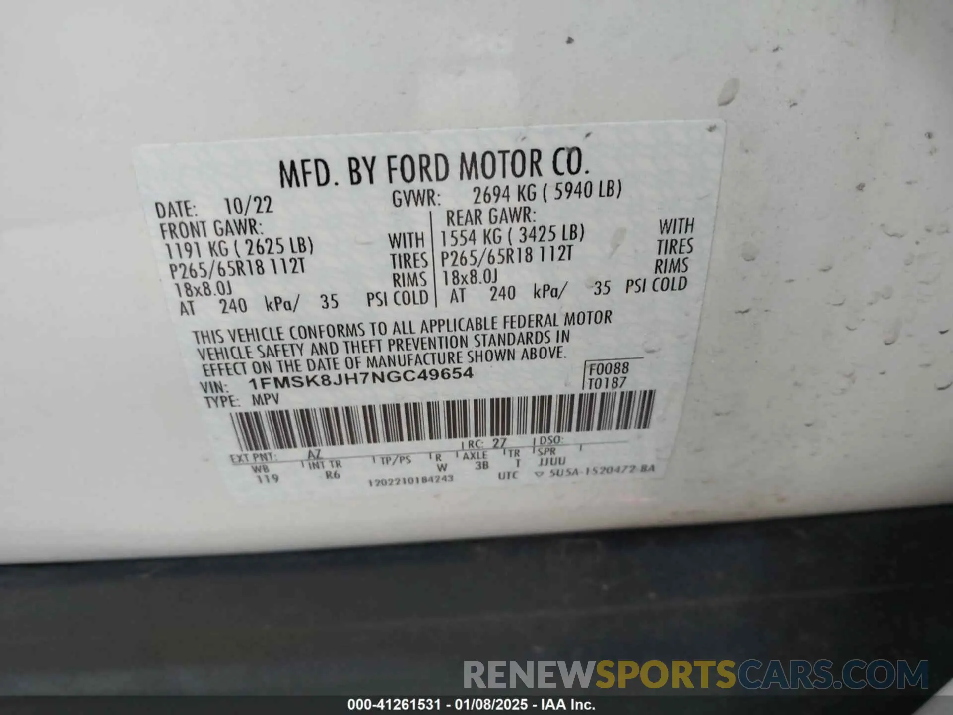 9 Photograph of a damaged car 1FMSK8JH7NGC49654 FORD EXPLORER 2022