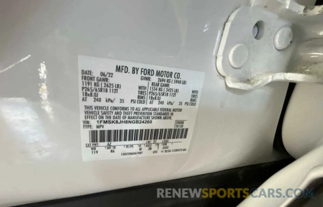10 Photograph of a damaged car 1FMSK8JH8NGB24260 FORD EXPLORER 2022