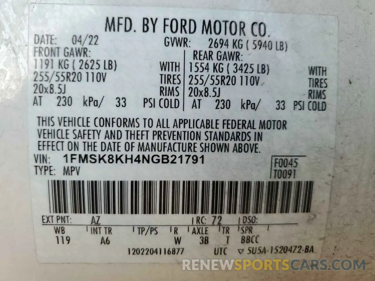 14 Photograph of a damaged car 1FMSK8KH4NGB21791 FORD EXPLORER 2022