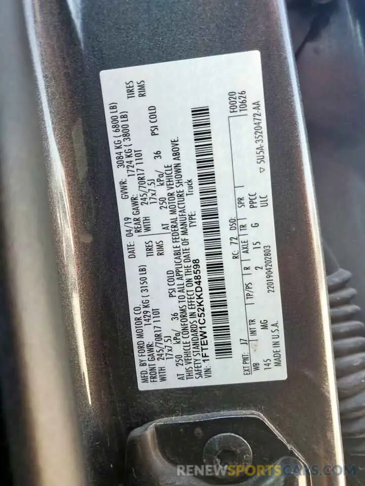 13 Photograph of a damaged car 1FTEW1C52KKD48598 FORD F-150 2019