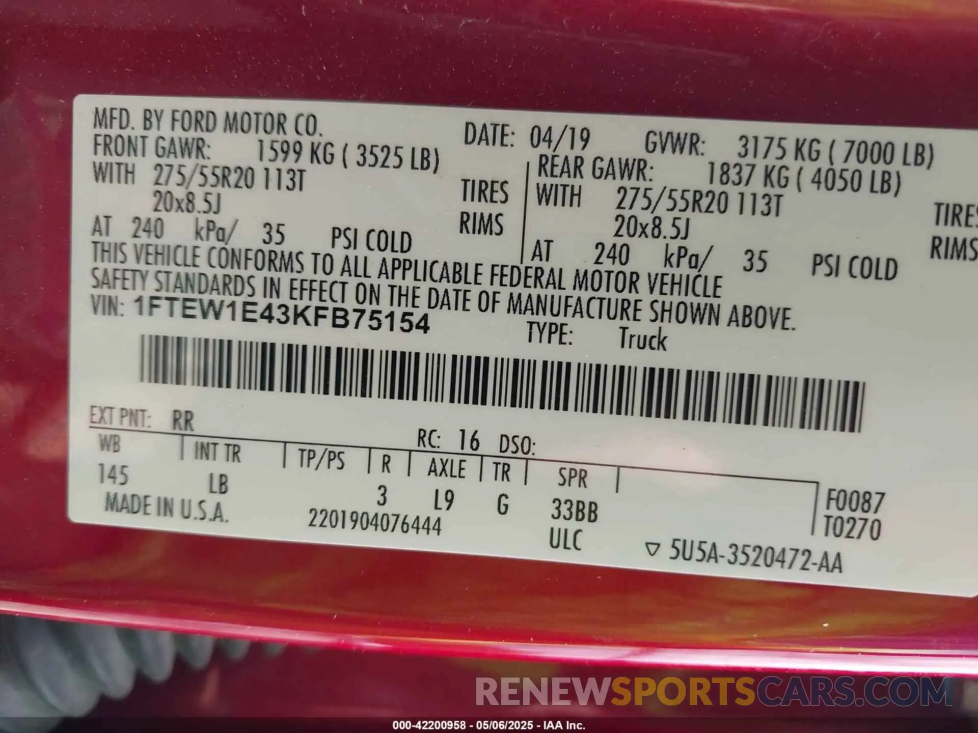 9 Photograph of a damaged car 1FTEW1E43KFB75154 FORD F-150 2019