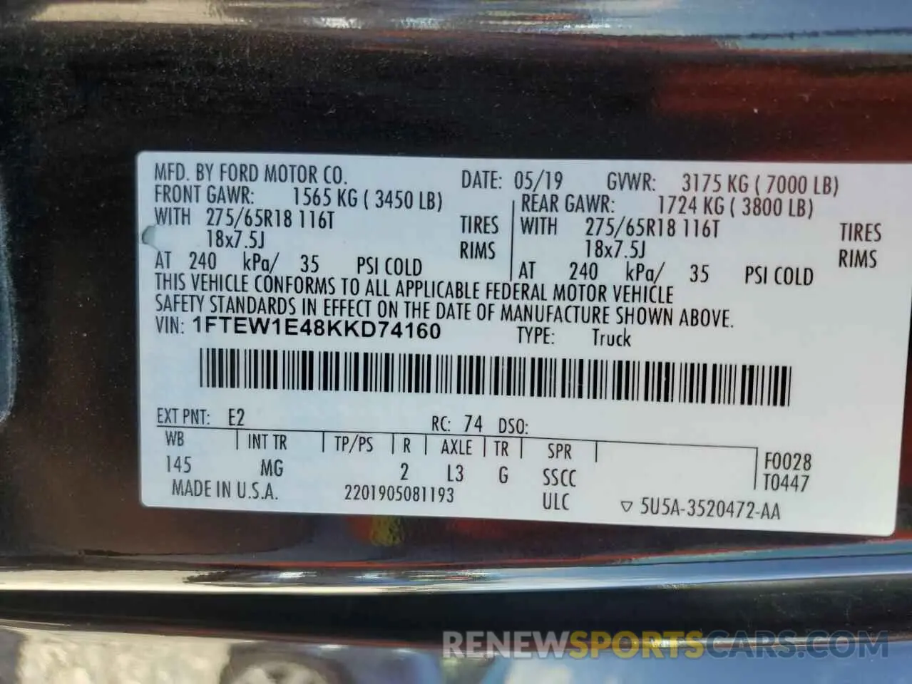 13 Photograph of a damaged car 1FTEW1E48KKD74160 FORD F-150 2019