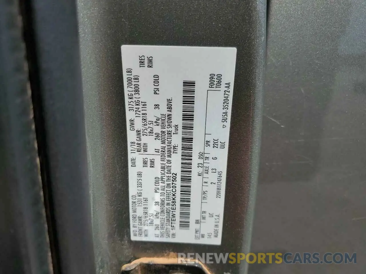 12 Photograph of a damaged car 1FTEW1E58KKC07502 FORD F-150 2019