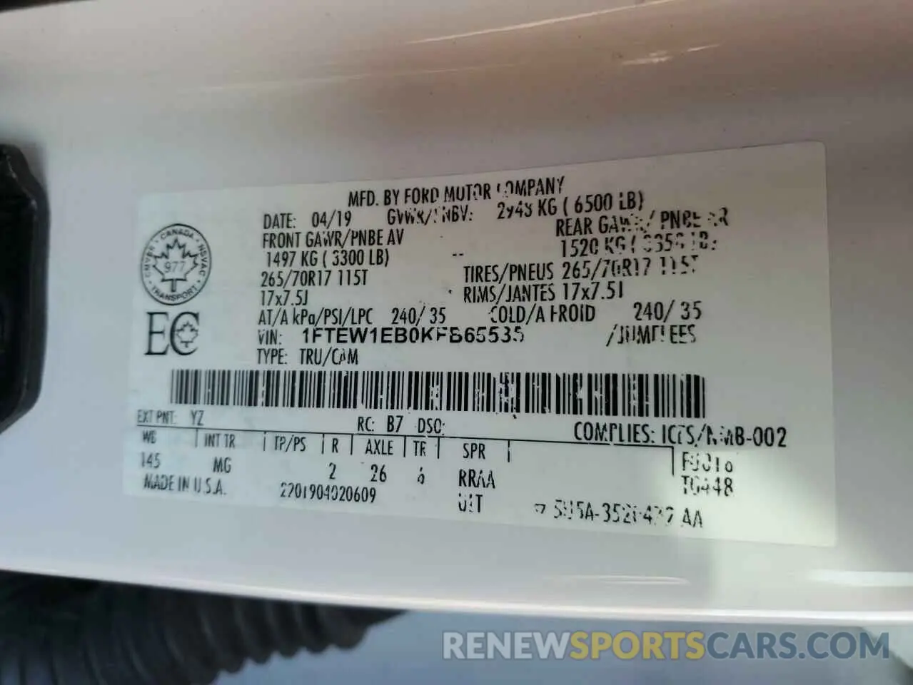 13 Photograph of a damaged car 1FTEW1EB0KFB65535 FORD F-150 2019