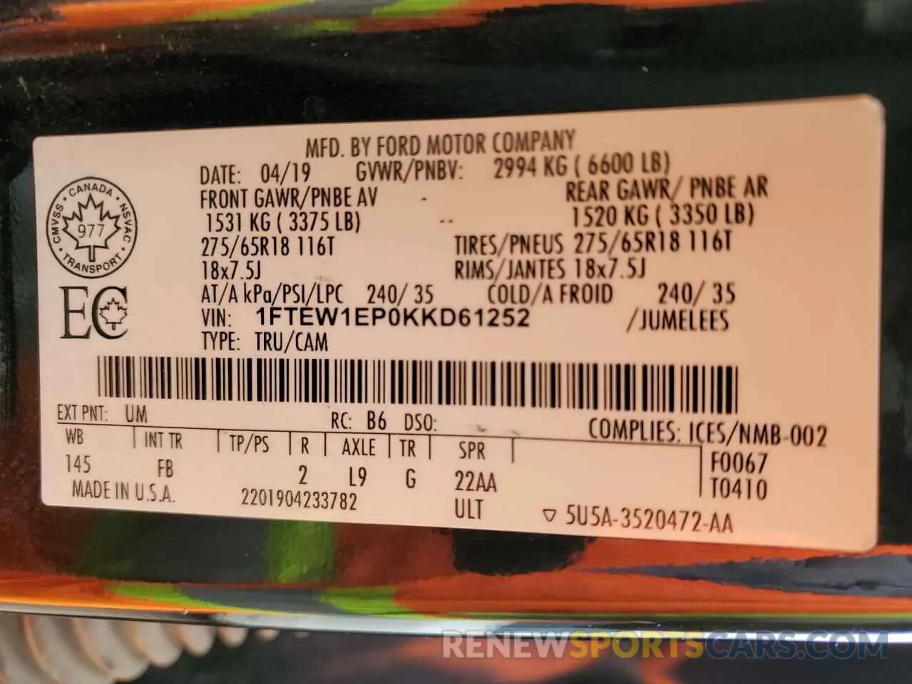 12 Photograph of a damaged car 1FTEW1EP0KKD61252 FORD F-150 2019