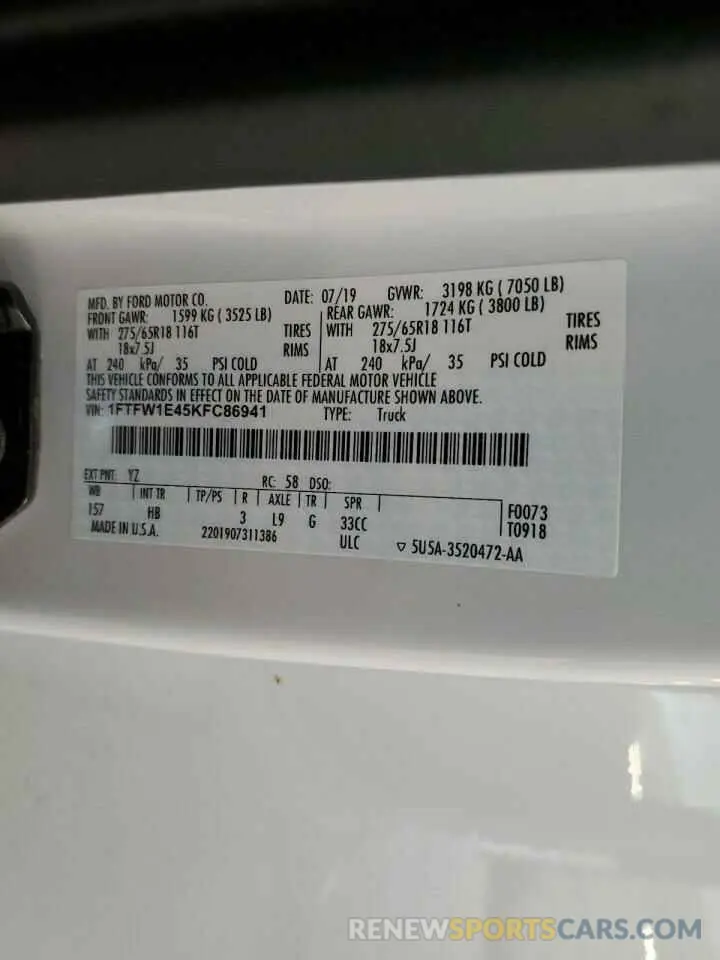 12 Photograph of a damaged car 1FTFW1E45KFC86941 FORD F-150 2019