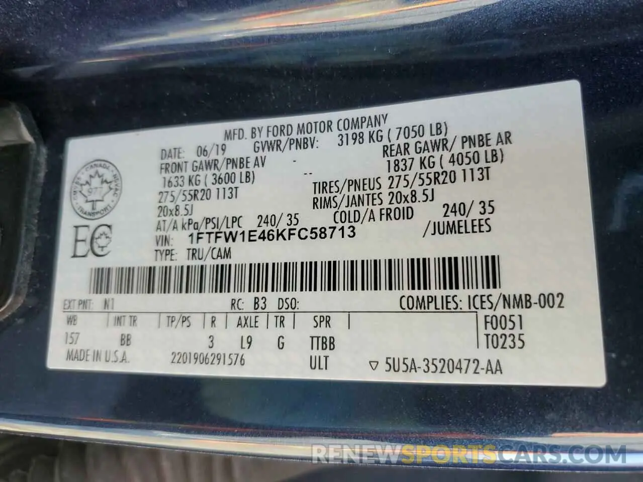 12 Photograph of a damaged car 1FTFW1E46KFC58713 FORD F-150 2019