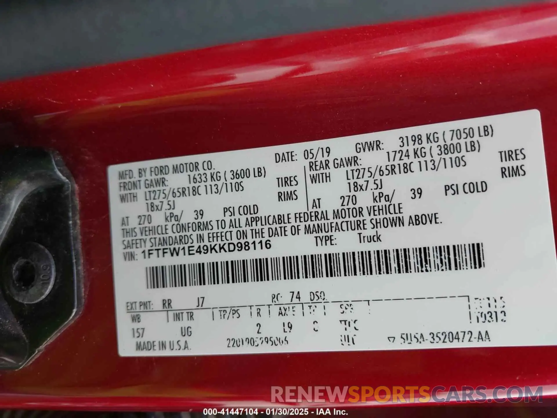 9 Photograph of a damaged car 1FTFW1E49KKD98116 FORD F-150 2019