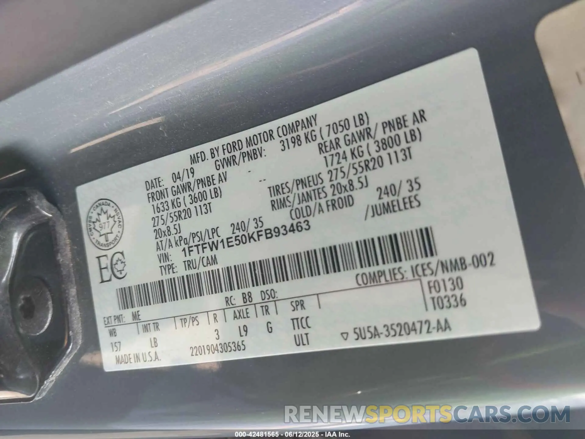 9 Photograph of a damaged car 1FTFW1E50KFB93463 FORD F-150 2019