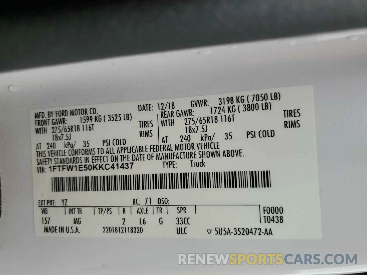 13 Photograph of a damaged car 1FTFW1E50KKC41437 FORD F-150 2019