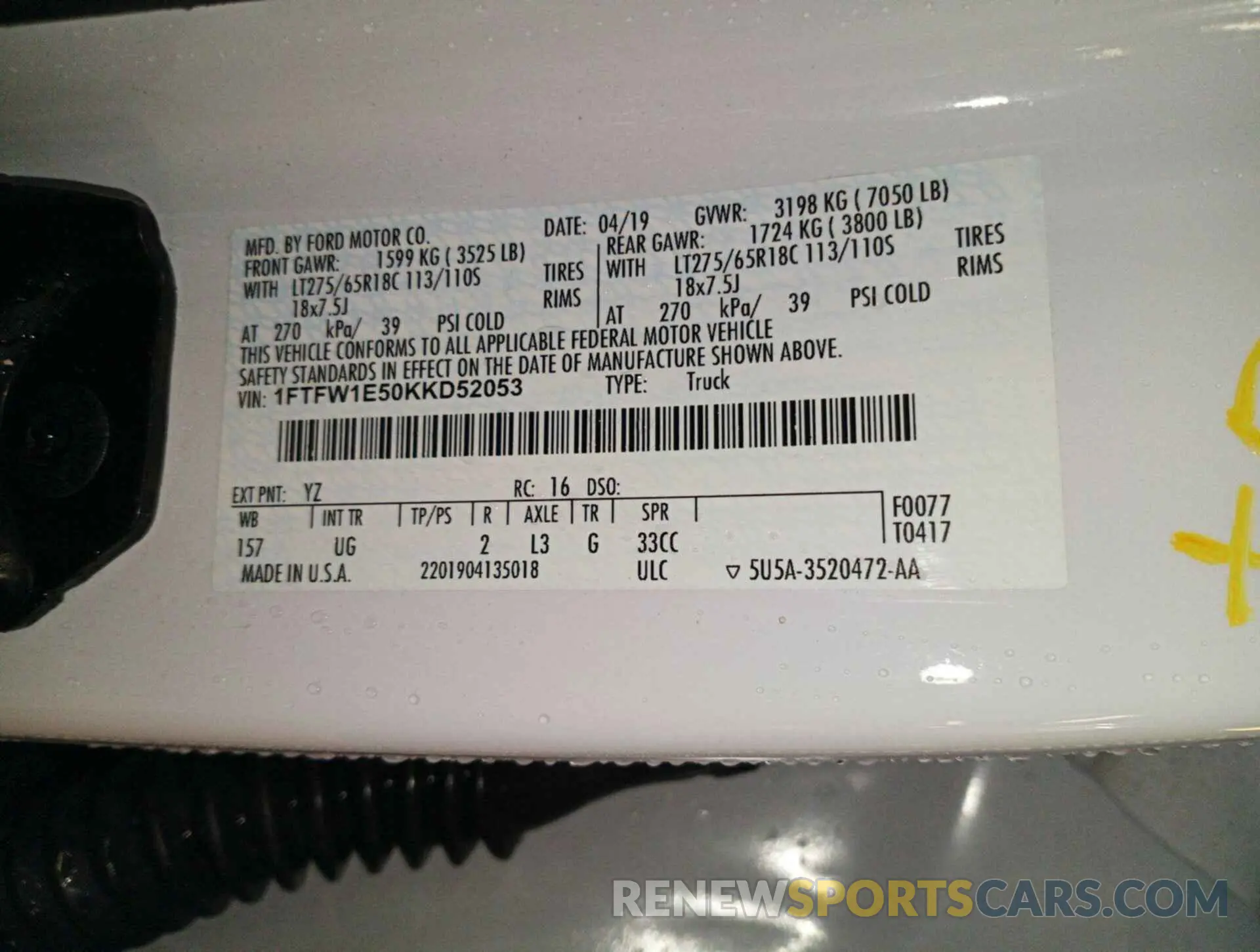 1 Photograph of a damaged car 1FTFW1E50KKD52053 FORD F-150 2019