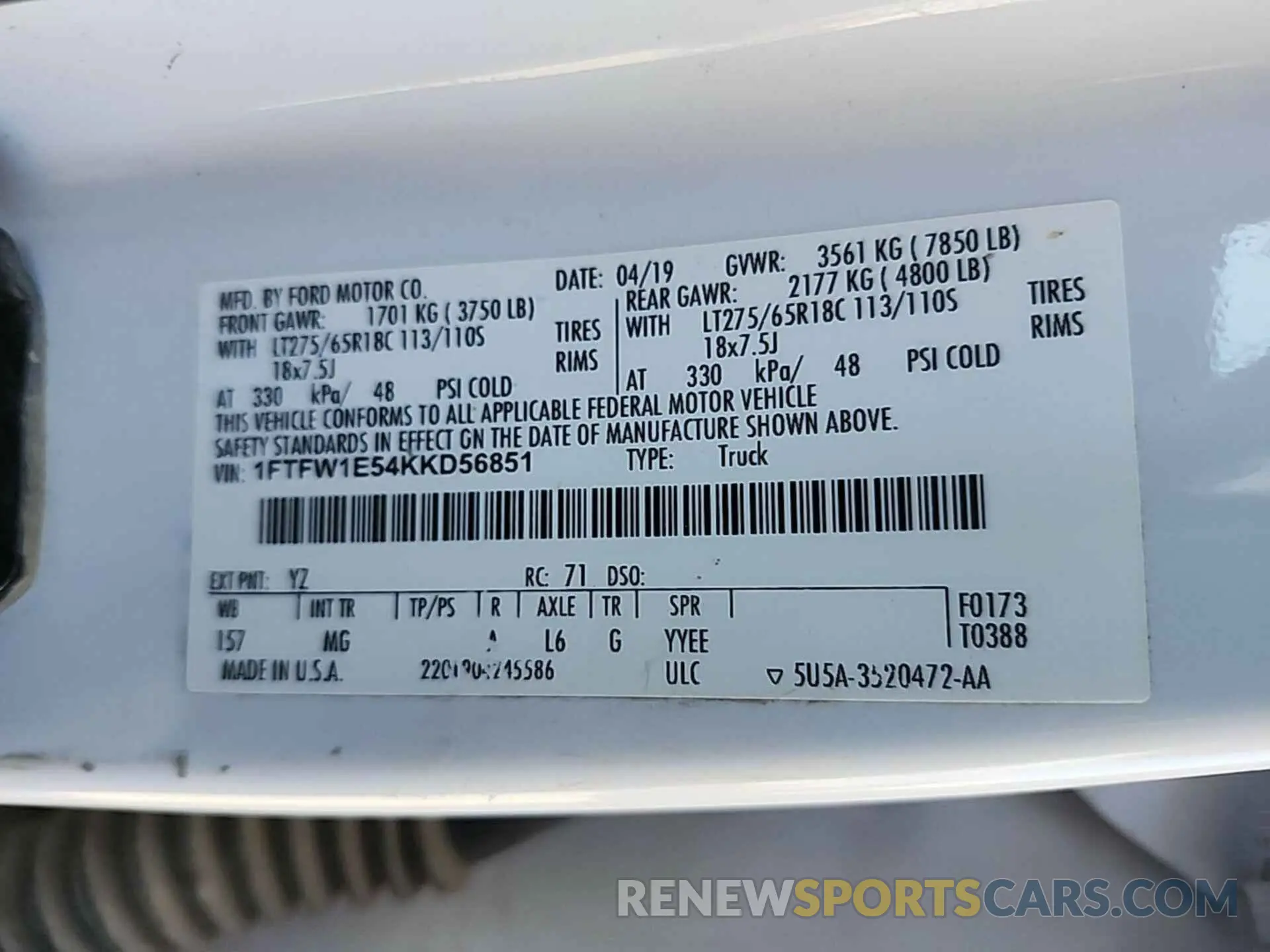 22 Photograph of a damaged car 1FTFW1E54KKD56851 FORD F-150 2019