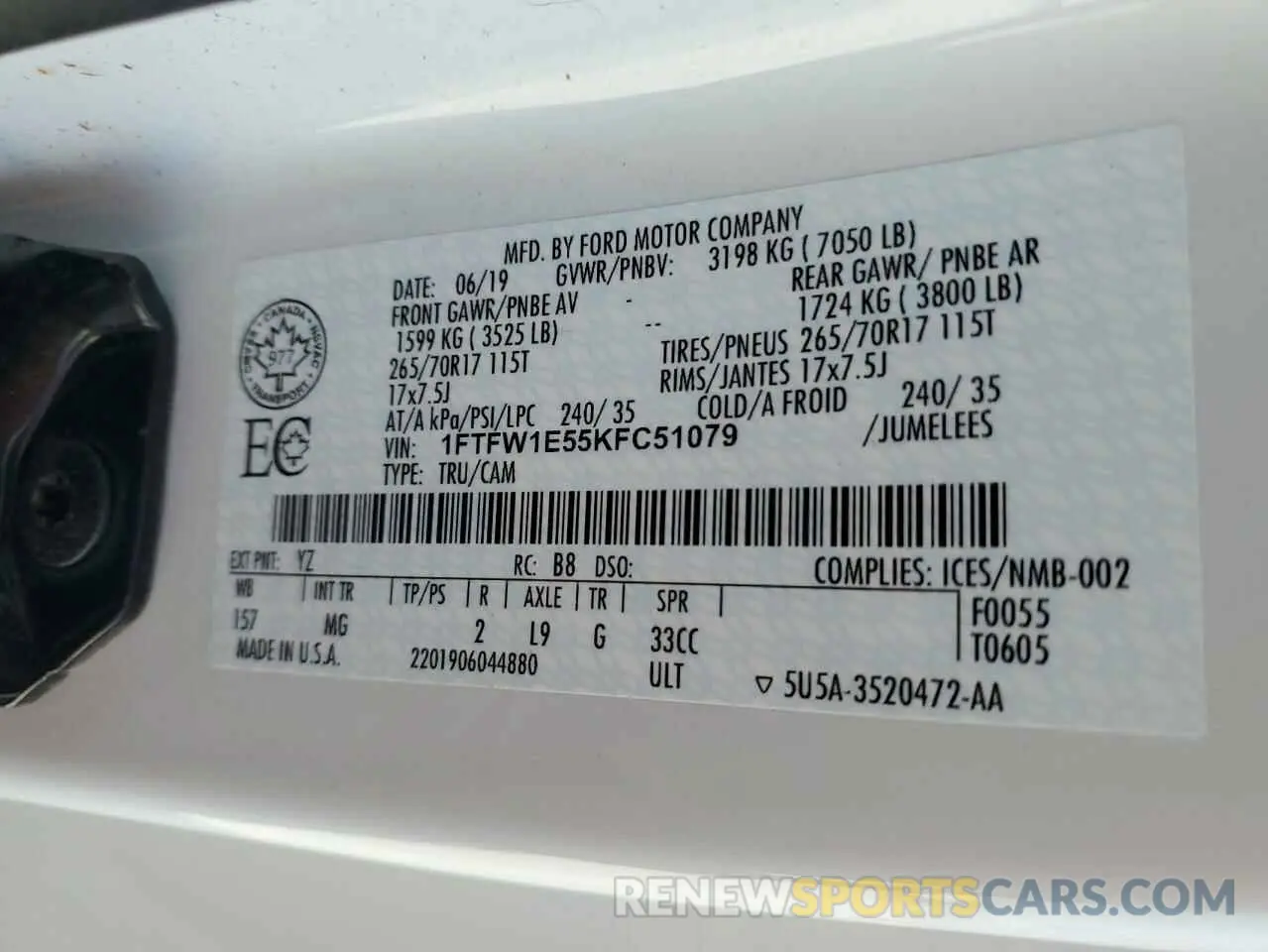 13 Photograph of a damaged car 1FTFW1E55KFC51079 FORD F-150 2019