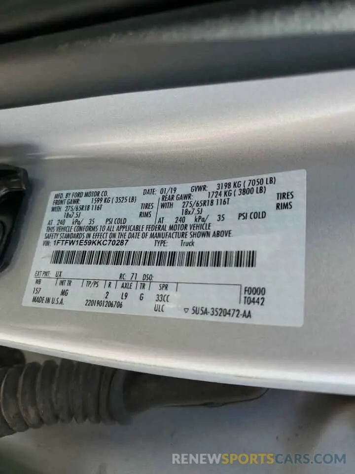 12 Photograph of a damaged car 1FTFW1E59KKC70287 FORD F-150 2019