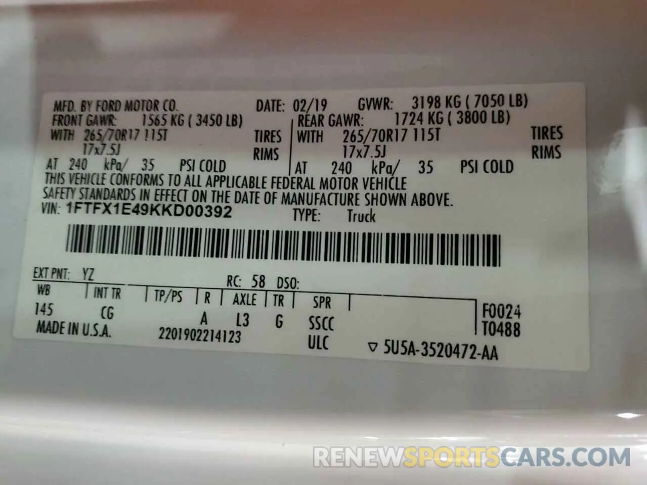 12 Photograph of a damaged car 1FTFX1E49KKD00392 FORD F-150 2019